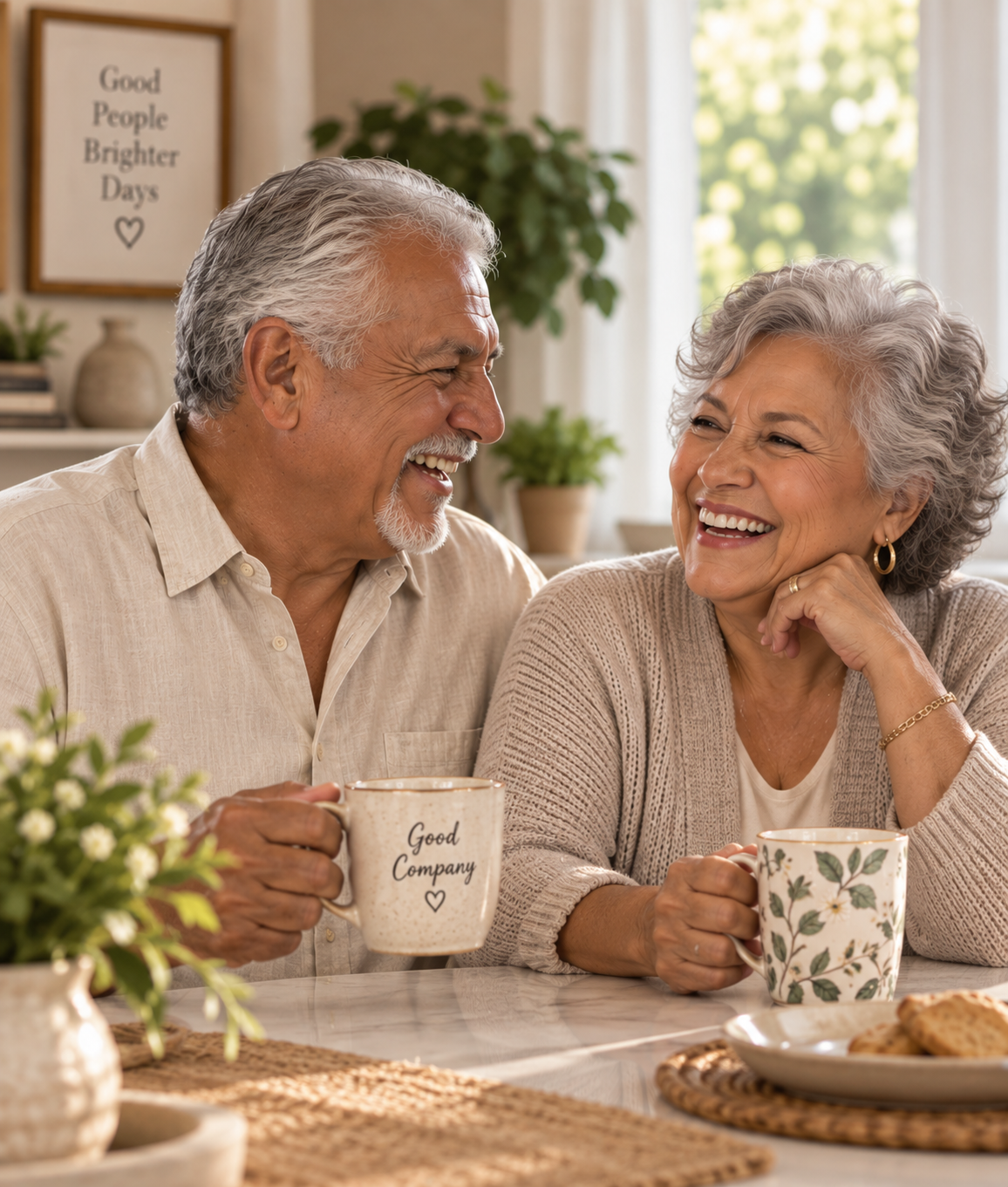 An older couple with grey hair laughing together at a sunlit table over coffee mugs
