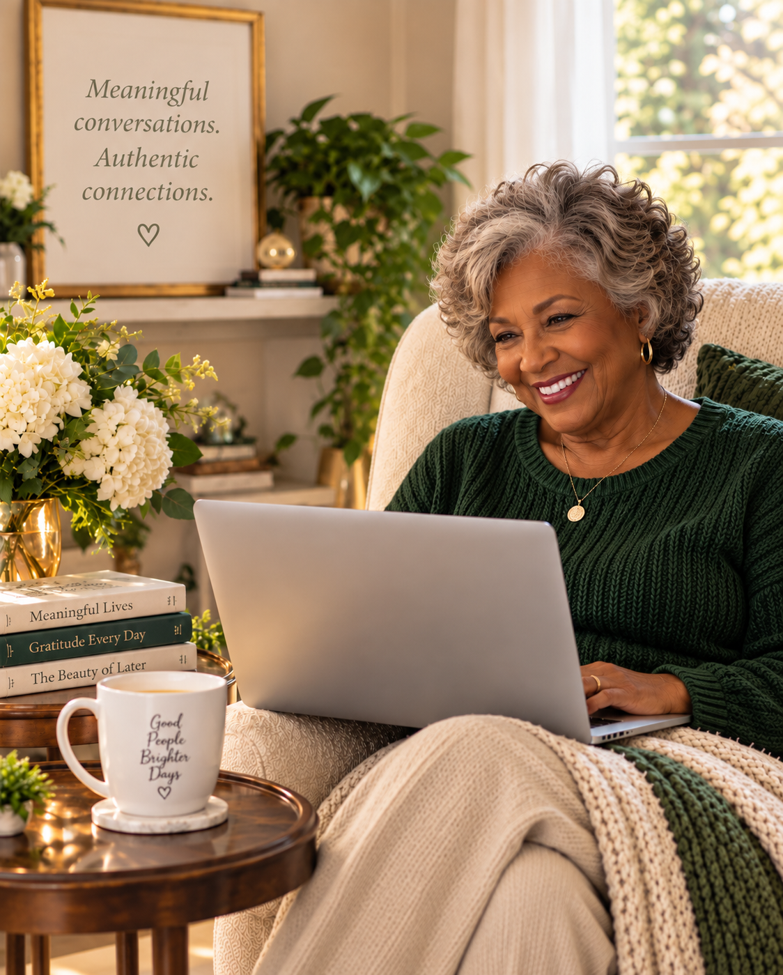 A smiling older woman enjoying a video visit from her cozy armchair