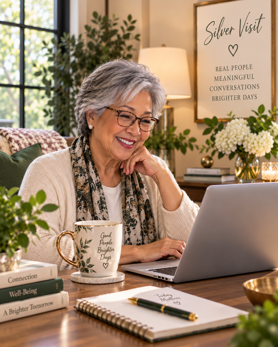 An older woman smiling during a video visit from a sunlit room