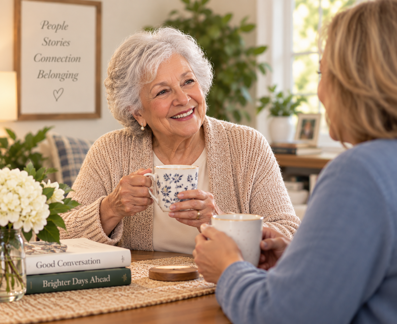 Two people sharing a warm conversation over mugs at a wooden table