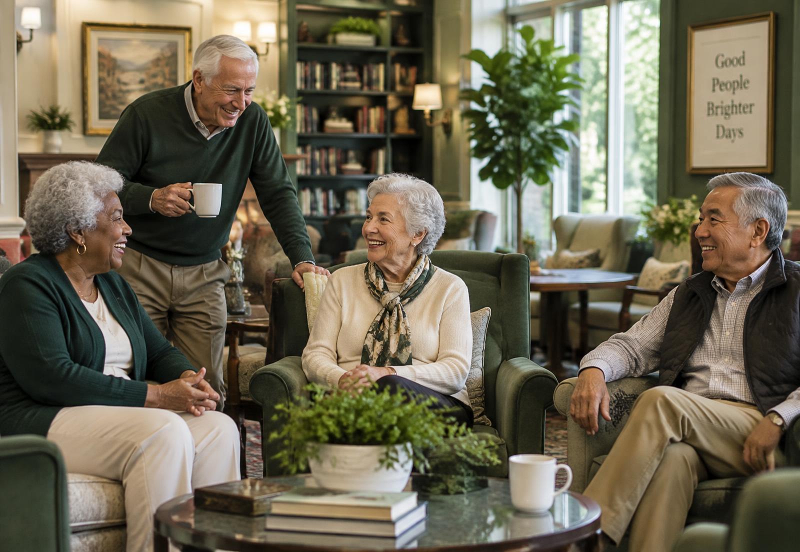 Older adults laughing and talking together in a warm, elegant community lounge