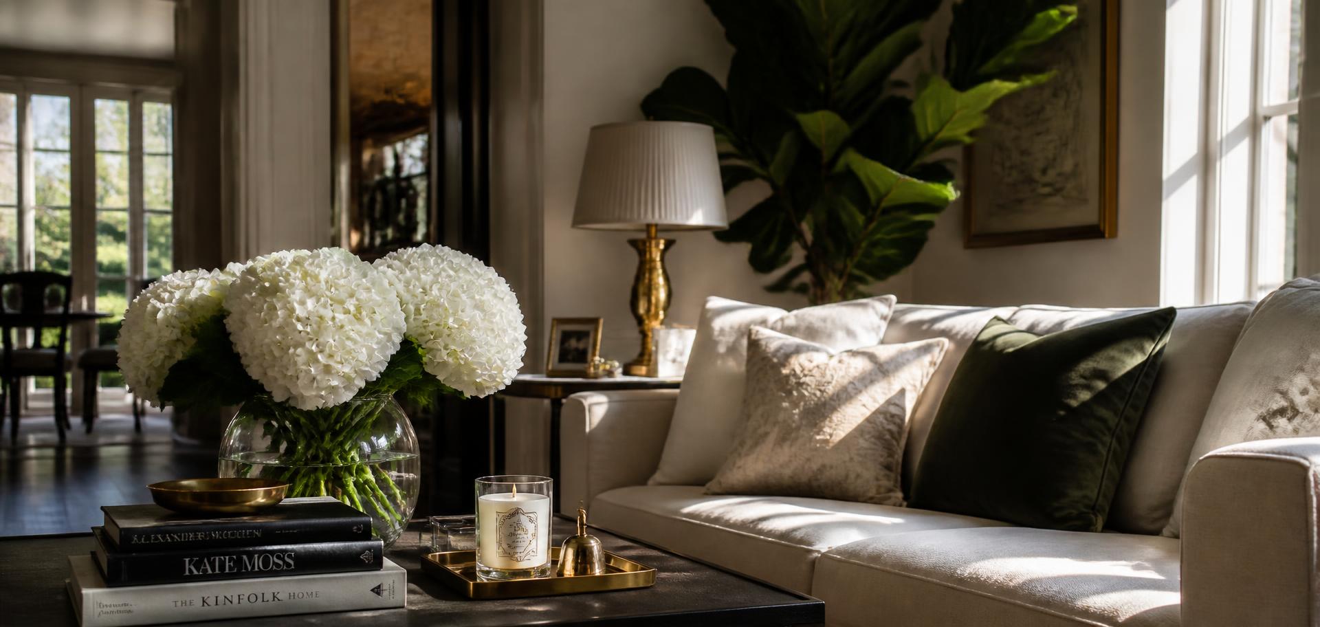 Sunlit living room with white hydrangeas, books and warm cream furnishings